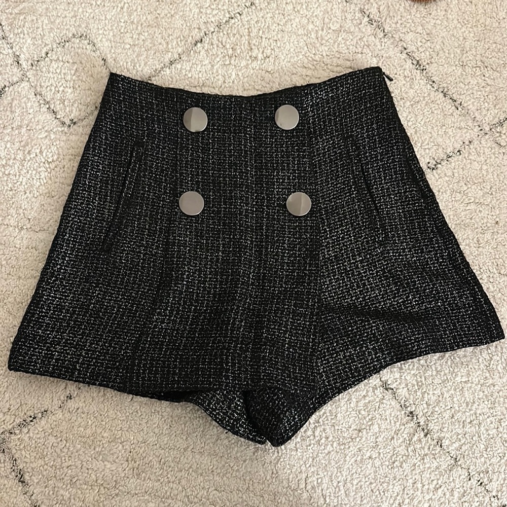 Zara Black Tweed High Waist Shorts with Silver Buttons